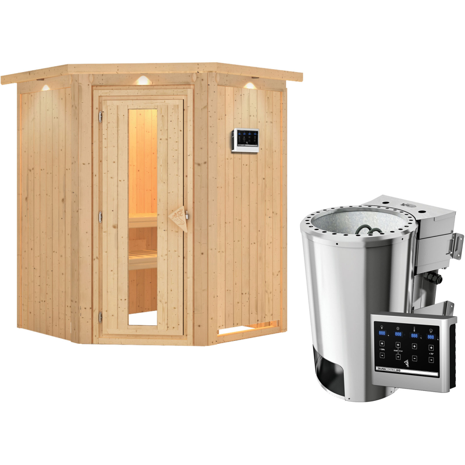 Karibu Sauna Nanja, Easy Bio 3,6 kW Ofen, avec costière de toiture,Porte en bois avec vitrage isolant,vitrage claire