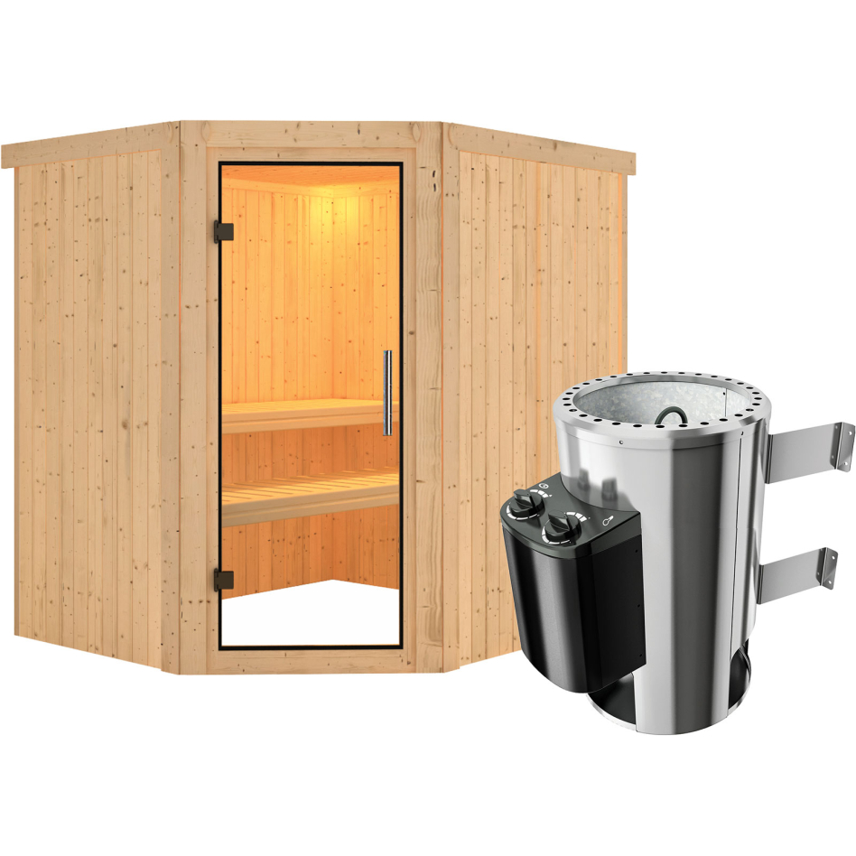 Sauna Karibu Lilja, 3,6 kW Ofen, Plug&Play int. Steuerung, Porte tout verre,sans corniche,vitrage claire