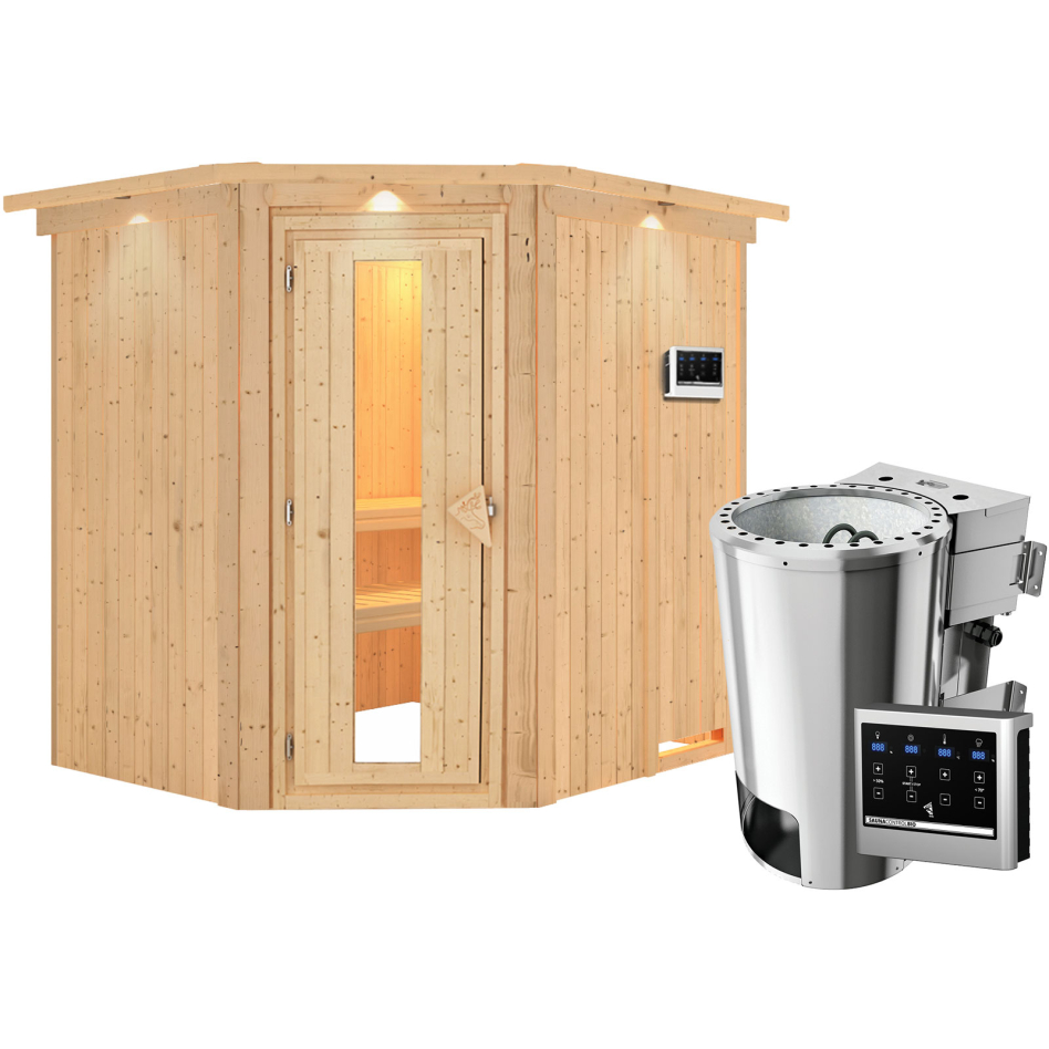 Sauna Karibu Lilja, Easy Bio 3,6 kW Ofen, avec costière de toiture,Porte en bois avec vitrage isolant,vitrage claire
