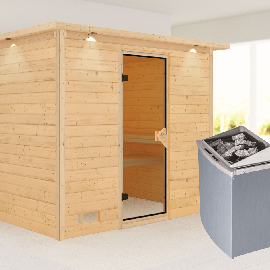 Karibu Sauna Sonara, 9 kW cmd intégrée, avec costière de toiture,bronzé,Porte tout verre