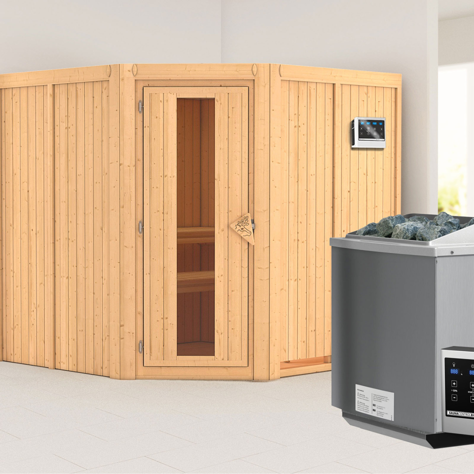 Karibu Sauna Jarin, 9 kW cmd ext. Easy Bio, Porte en bois avec vitrage isolant,sans corniche,vitrage claire