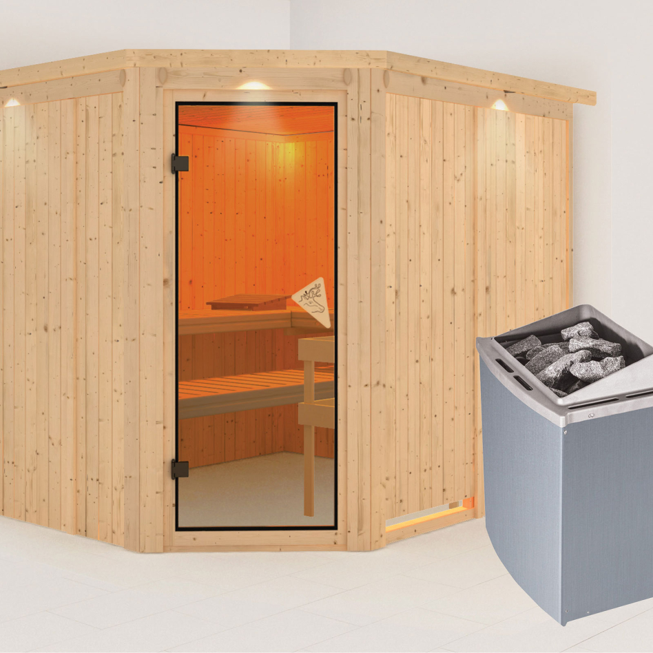 Karibu Sauna Malin, 9 kW cmd intégrée, avec costière de toiture,bronzé,Porte tout verre