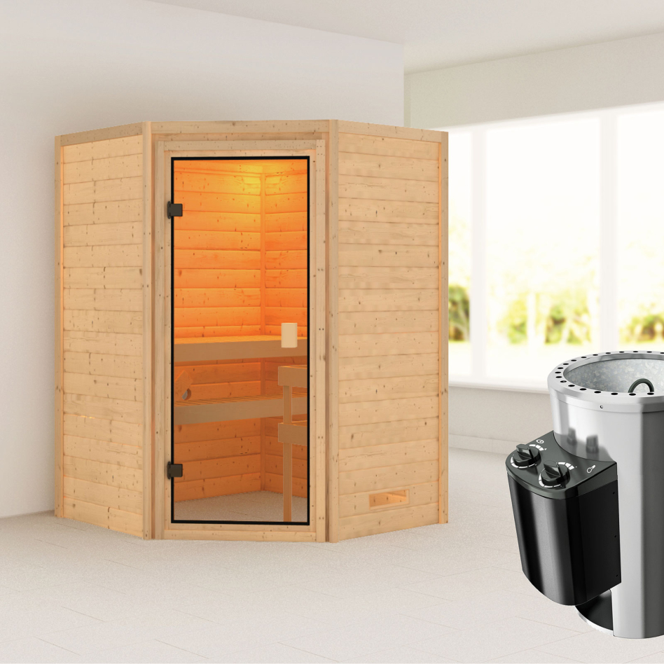 Sauna Karibu Woodfeeling Antonia, 3,6 kW Ofen, Plug&Play int. Steuerung, sans corniche