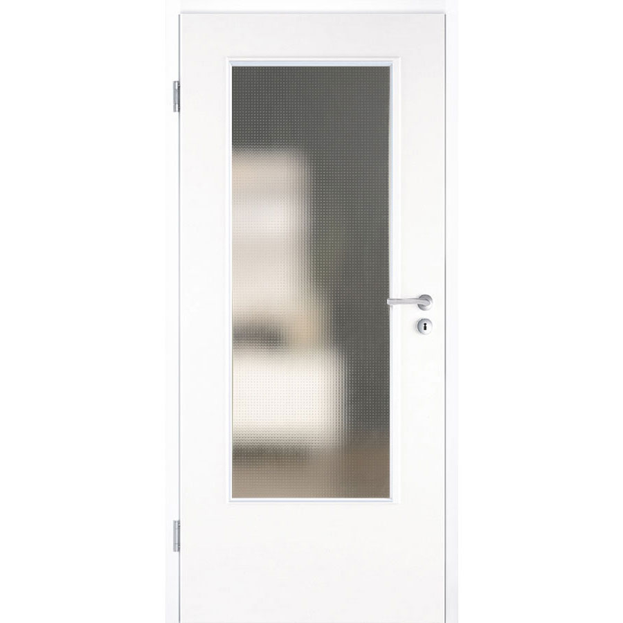 Porte de chambre, bois laqué, Kilsgaard verre blanc type 42/LA, DIN gauche, 985x2110 mm,bord arrondi,Mastercarré (ESG)
