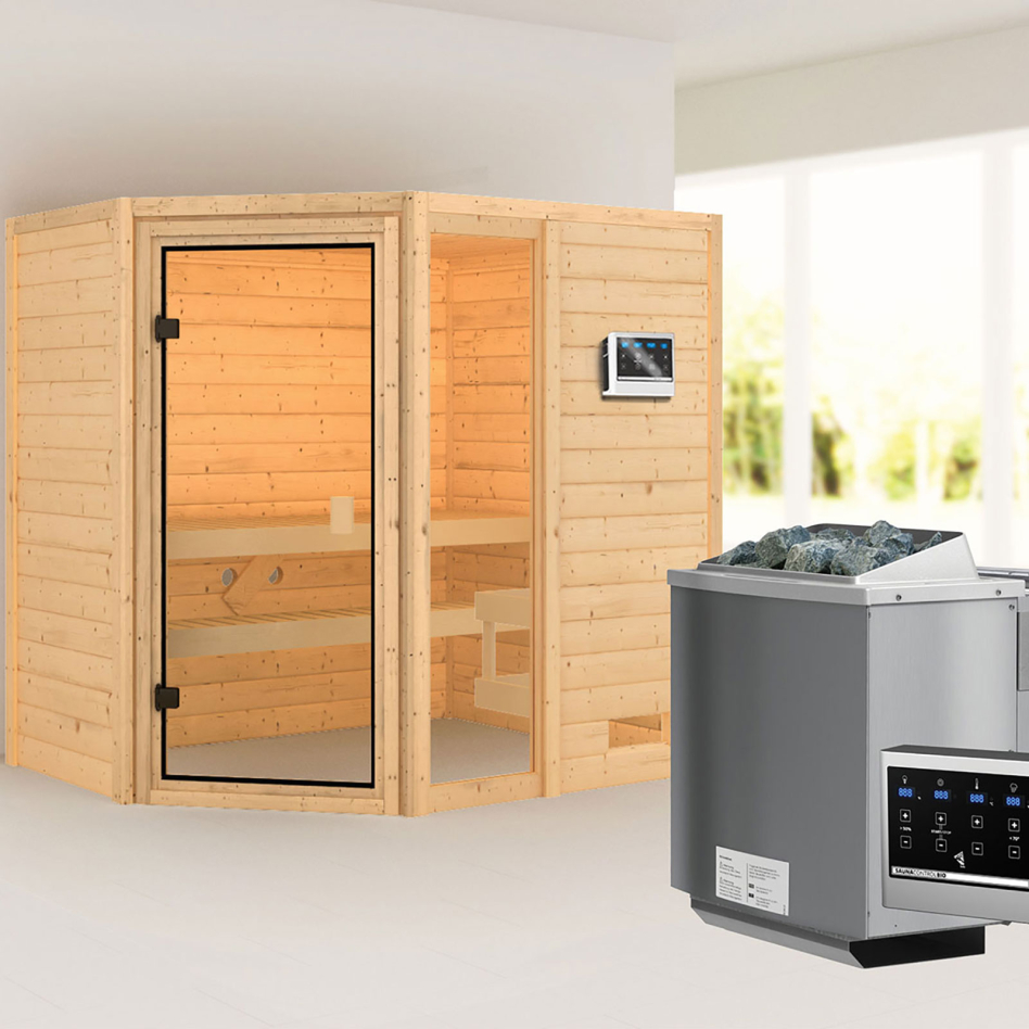 Sauna Karibu Woodfeeling Jada, 9 kW cmd ext. Easy Bio, sans corniche