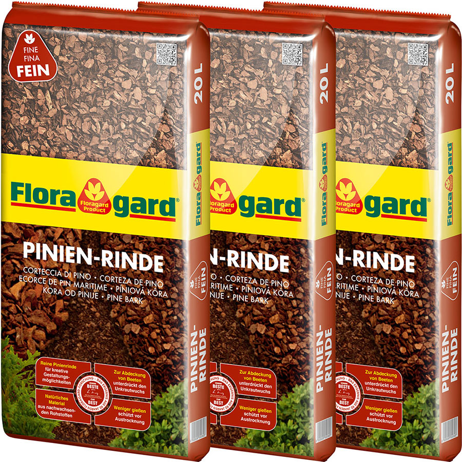Floragard Pinienrinde Rindenmulch Pinienmulch, 3x20 l, 2-8 mm,fein, 1 Pack