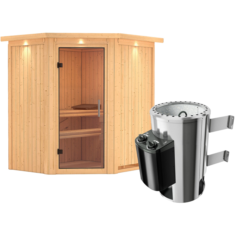 Karibu Sauna Tonja, 3,6 kW Ofen, Plug&Play int. Steuerung, avec costière de toiture,Porte tout verre,vitrage claire