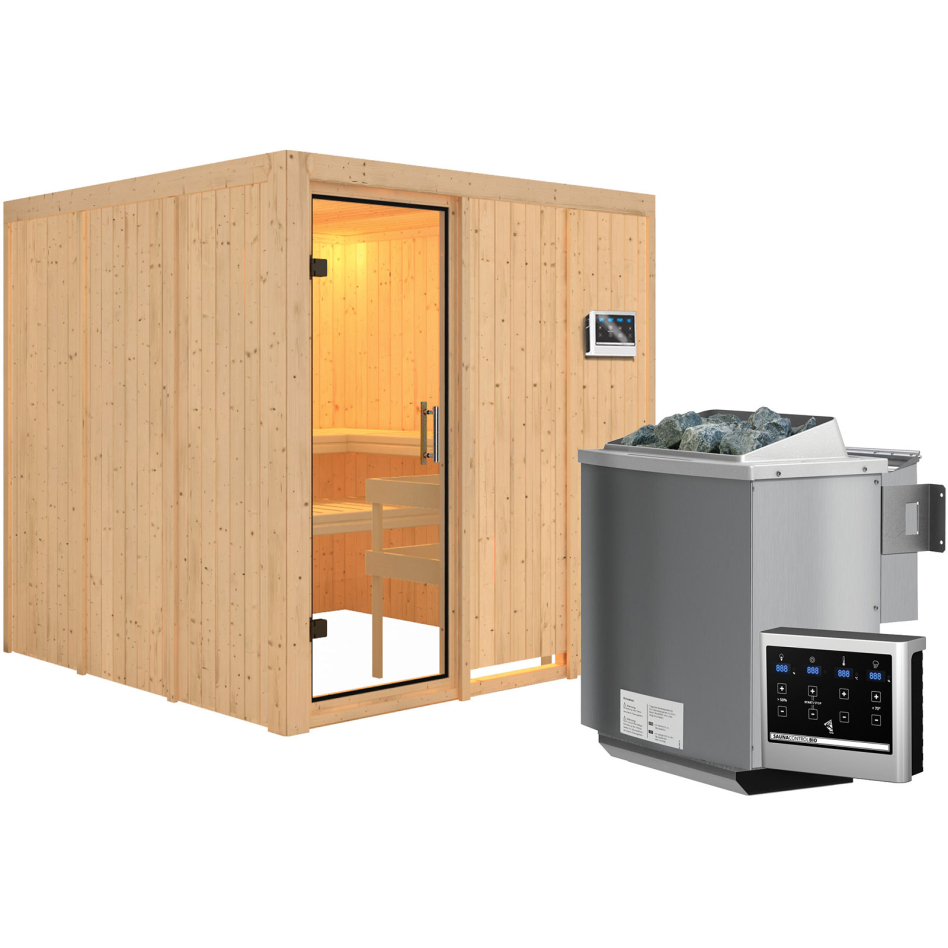 Karibu Sauna Rodin, 9 kW cmd ext. Easy Bio, Porte tout verre,sans corniche,vitrage claire