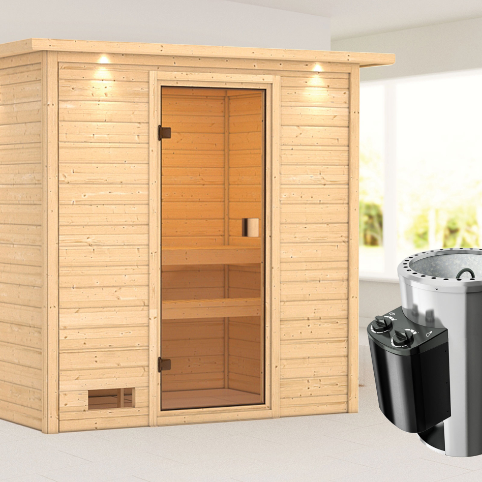 Sauna Karibu Woodfeeling Selena, 3,6 kW Ofen, Plug&Play int. Steuerung, avec costière de toiture