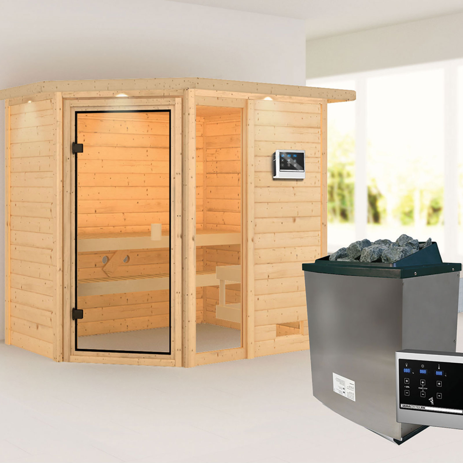 Sauna Karibu Woodfeeling Jada, 9 kW cmd ext. Easy Finnisch, avec costière de toiture