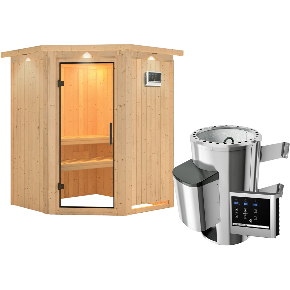 Karibu Sauna Nanja, Easy Finnisch 3,6 kW Ofen, avec costière de toiture,Porte tout verre,vitrage claire