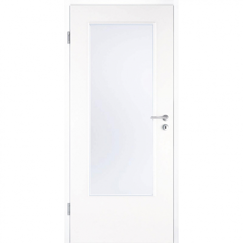 Kilsgaard Zimmertür mit Lichtausschnitt/Glas Weiß lackiert Lamikor Typ 43/LA Rundkante, DIN Links, 735x2110 mm,Satinato (ESG)