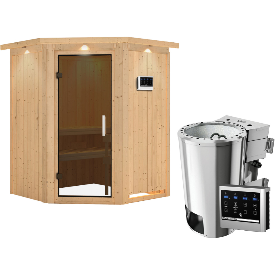 Karibu Sauna Nanja, Easy Bio 3,6 kW Ofen, avec costière de toiture,graphit,Porte tout verre