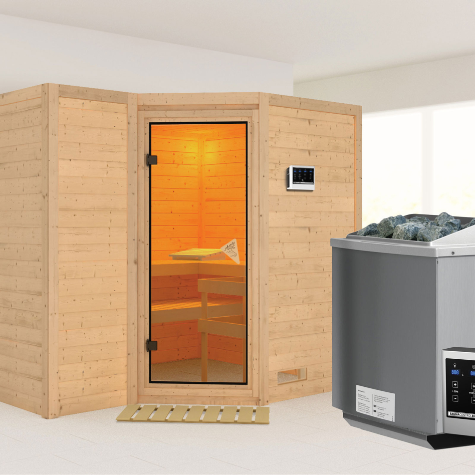 Karibu Sauna Sahib 2, 9 kW cmd ext. Easy Bio, bronzé,Porte tout verre,sans corniche