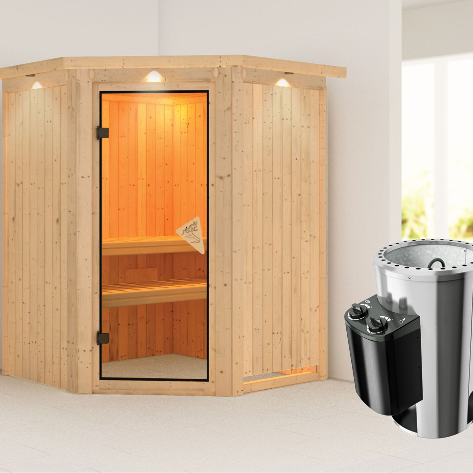 Karibu Sauna Nanja, 3,6 kW Ofen, Plug&Play int. Steuerung, avec costière de toiture,bronzé,Porte tout verre