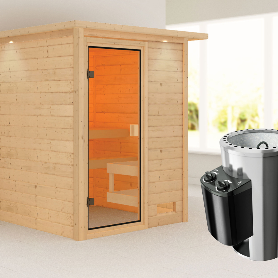 Sauna Karibu Woodfeeling Sandra, 3,6 kW Ofen, Plug&Play int. Steuerung, avec costière de toiture