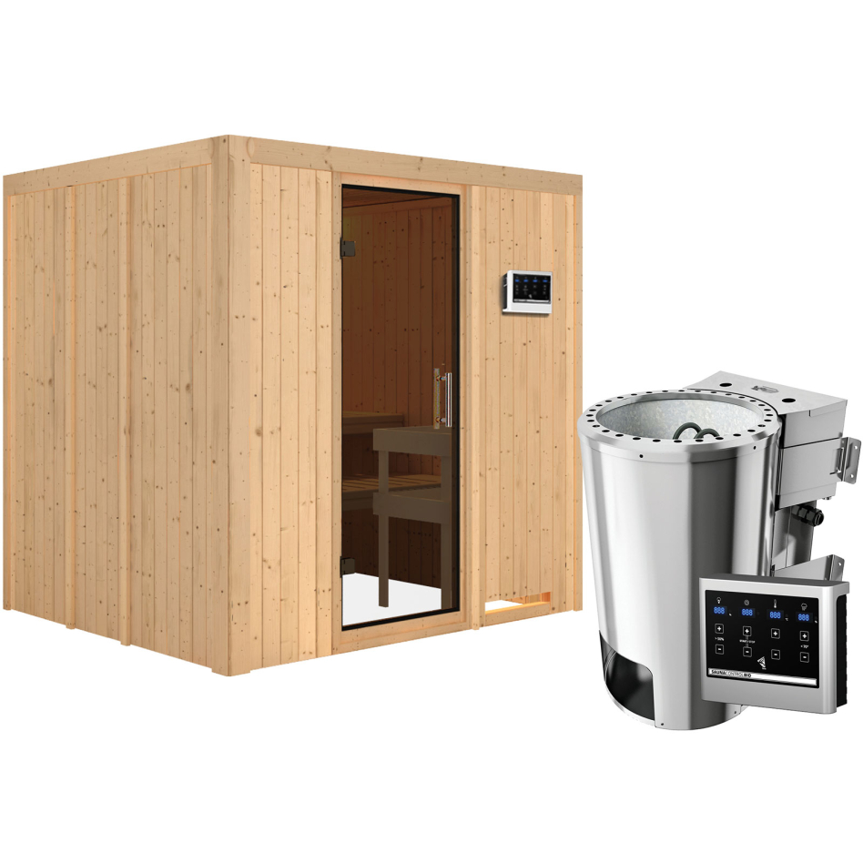 Sauna Karibu Daria, Easy Bio 3,6 kW Ofen, graphit,Porte tout verre,sans corniche