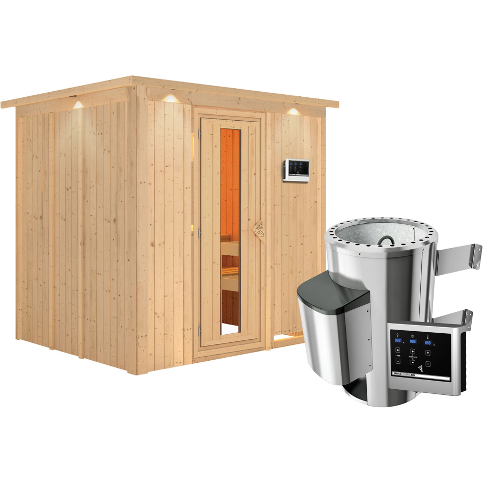 Sauna Karibu Daria, Easy Finnisch 3,6 kW Ofen, avec costière de toiture,Porte en bois avec vitrage isolant,vitrage claire