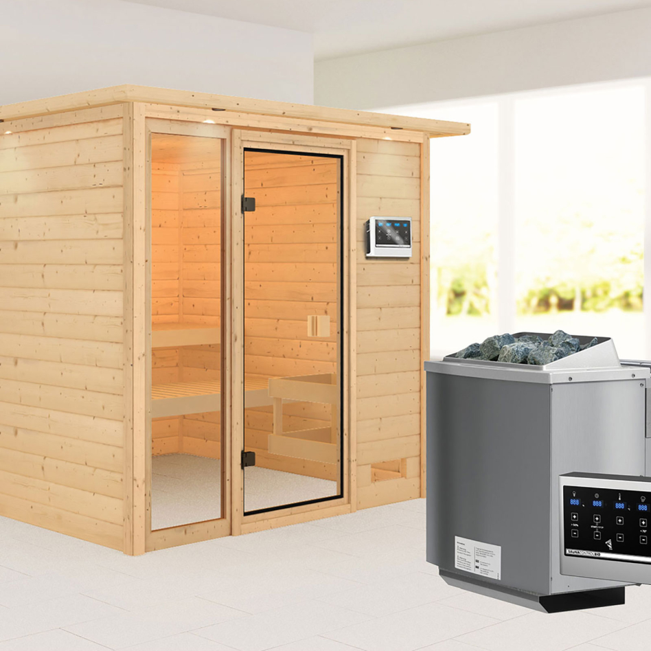 Sauna Karibu Woodfeeling Jutta, 9 kW cmd ext. Easy Bio, avec costière de toiture