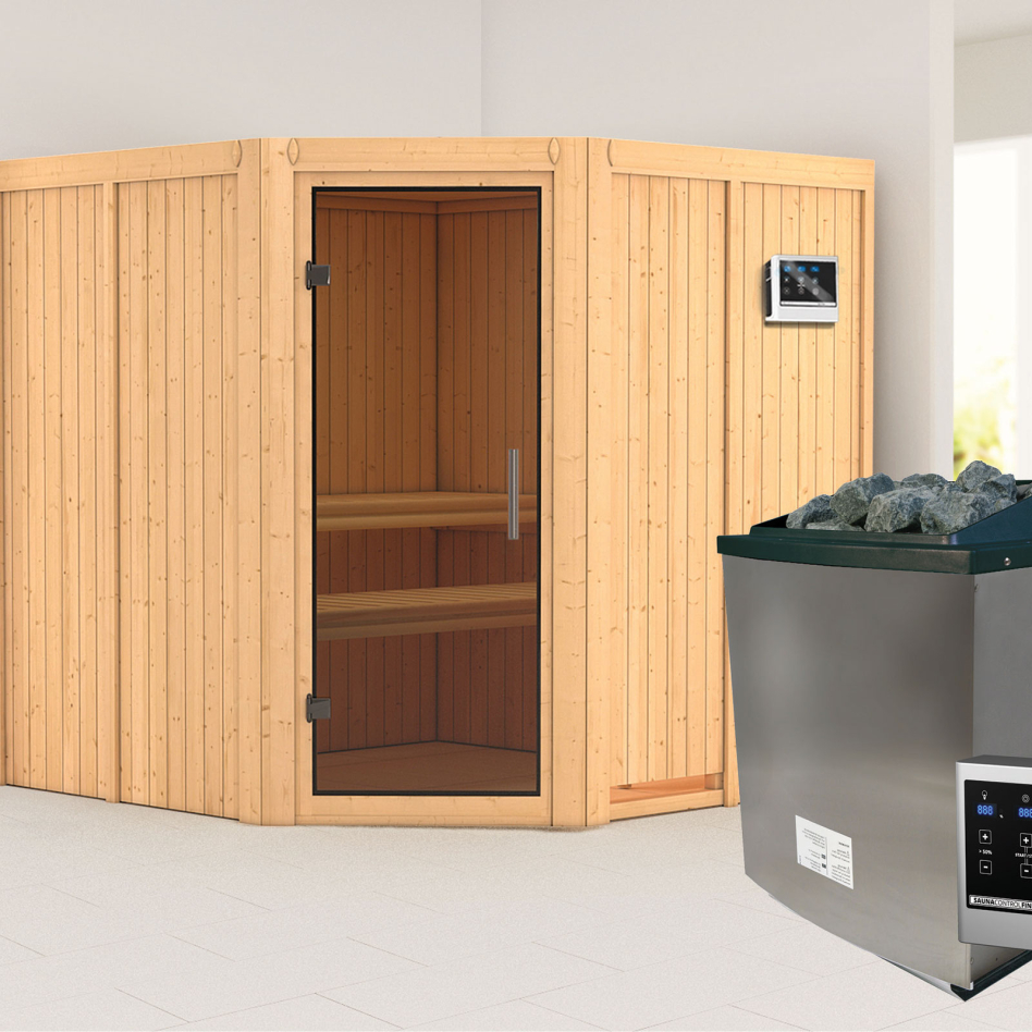 Karibu Sauna Jarin, 9 kW cmd ext. Easy Finnisch, graphit,Porte tout verre,sans corniche