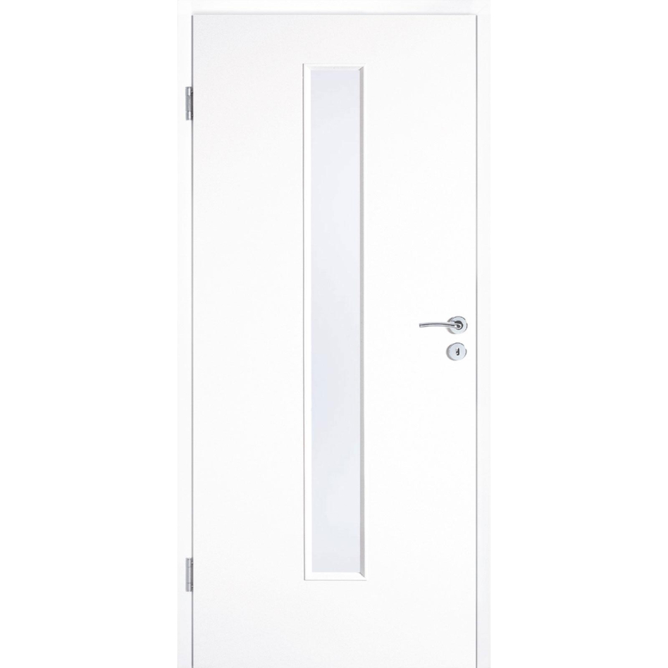 Kilsgaard Zimmertür mit Lichtausschnitt/Glas schmal mittig Weiß lackiert Lamikor Typ 43/LA05 Rundkante, DIN Links, 985x2110 mm,Satinato (ESG)