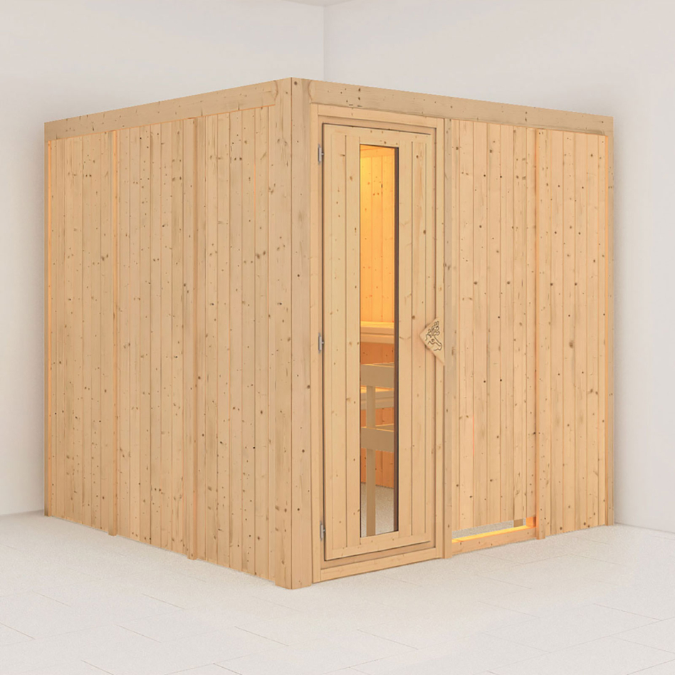 Karibu Sauna Rodin, sans poêle, Porte en bois avec vitrage isolant,sans corniche,vitrage claire