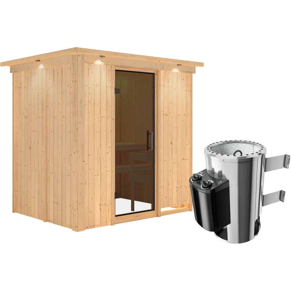 Karibu Sauna Fanja, 3,6 kW Ofen, Plug&Play int. Steuerung, avec costière de toiture,graphit,Porte tout verre