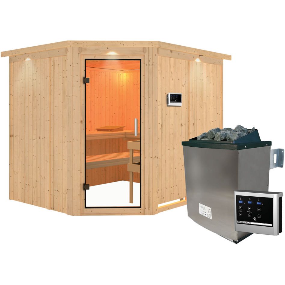 Karibu Sauna Malin, 9 kW cmd ext. Easy Finnisch, avec costière de toiture,Porte tout verre,vitrage claire