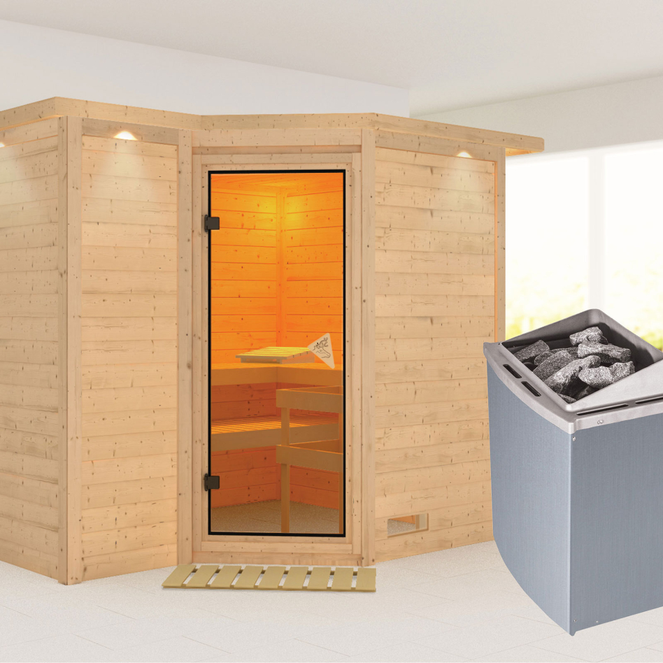 Karibu Sauna Sahib 2, 9 kW cmd intégrée, avec costière de toiture,bronzé,Porte tout verre