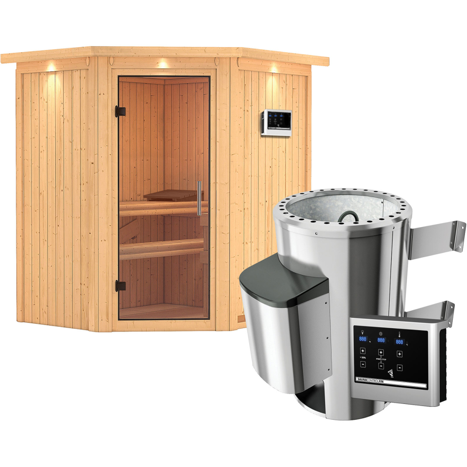 Karibu Sauna Tonja, Easy Finnisch 3,6 kW Ofen, avec costière de toiture,Porte tout verre,vitrage claire