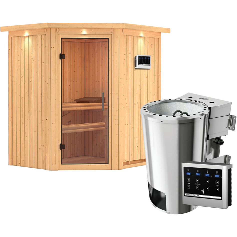 Karibu Sauna Tonja, Easy Bio 3,6 kW Ofen, avec costière de toiture,Porte tout verre,vitrage claire