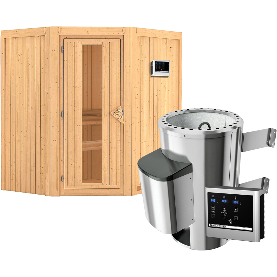 Karibu Sauna Tonja, Easy Finnisch 3,6 kW Ofen, Porte en bois avec vitrage isolant,sans corniche,vitrage claire