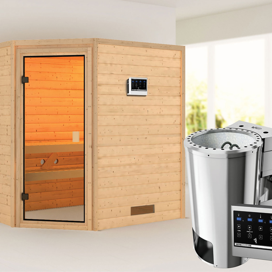 Sauna Karibu Woodfeeling Jella, Easy Bio 3,6 kW Ofen, sans corniche