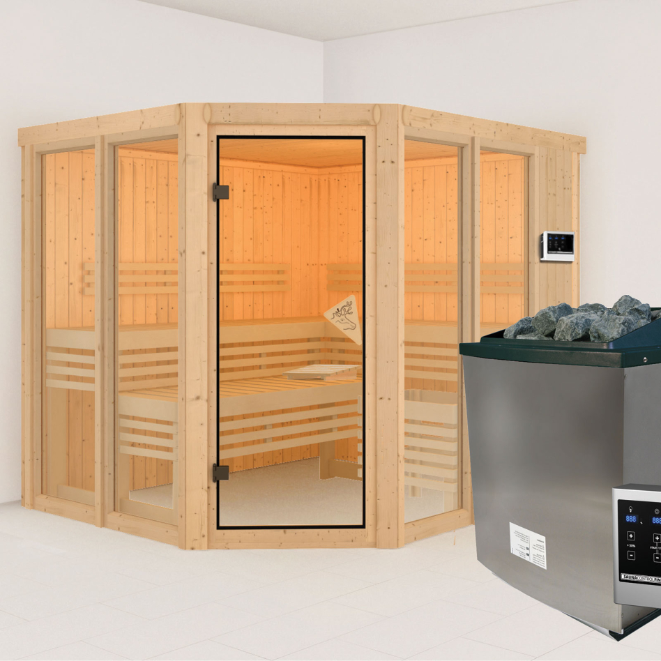 Sauna Karibu Ainur, 9 kW cmd ext. Easy Finnisch, sans corniche