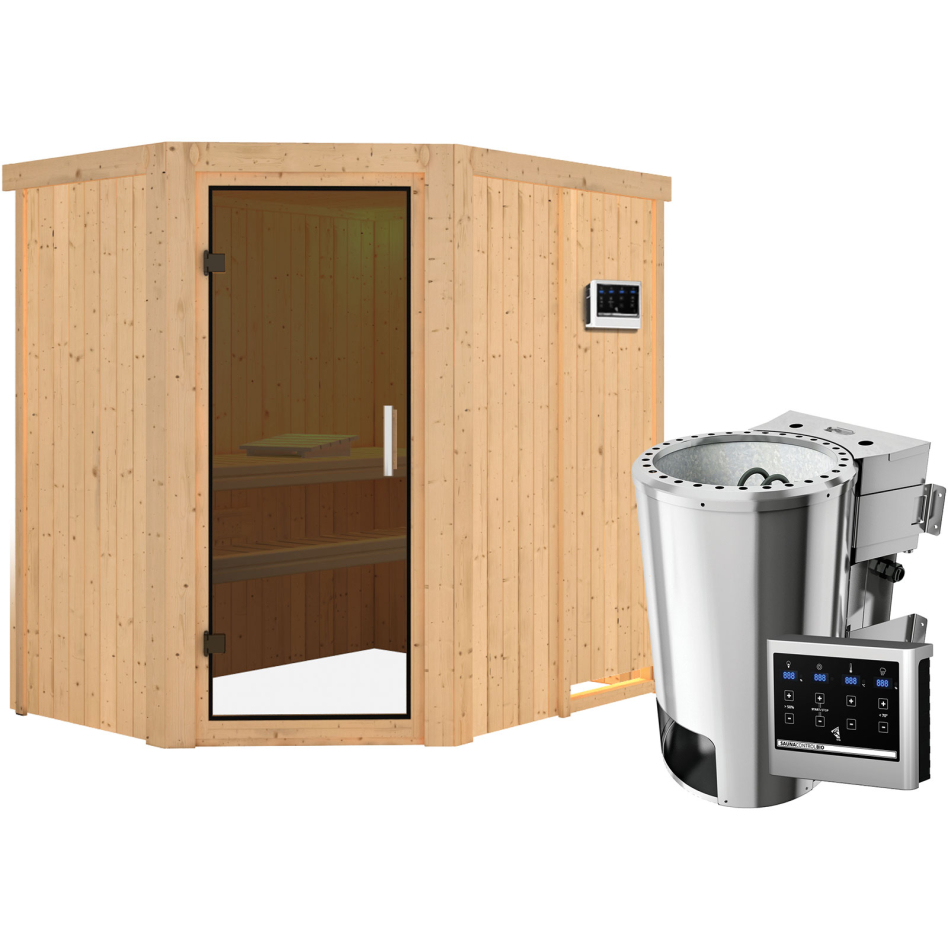 Sauna Karibu Saja, Easy Bio 3,6 kW Ofen, graphit,Porte tout verre,sans corniche