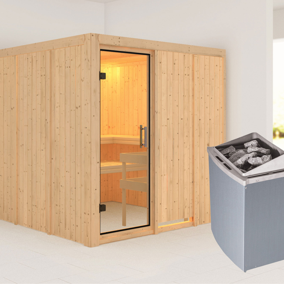 Karibu Sauna Rodin, 9 kW cmd intégrée, Porte tout verre,sans corniche,vitrage claire