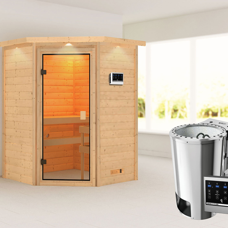 Sauna Karibu Woodfeeling Antonia, Easy Bio 3,6 kW Ofen, avec costière de toiture
