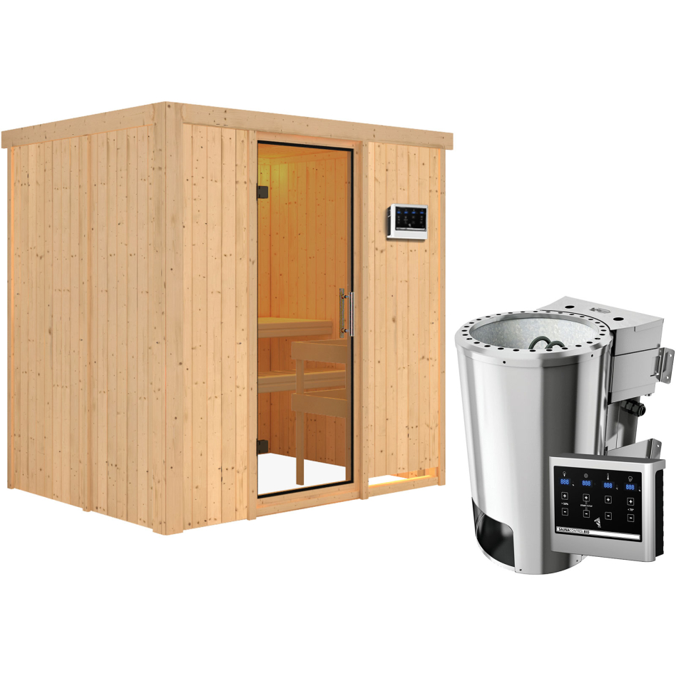 Karibu Sauna Fanja, Easy Bio 3,6 kW Ofen, Porte tout verre,sans corniche,vitrage claire