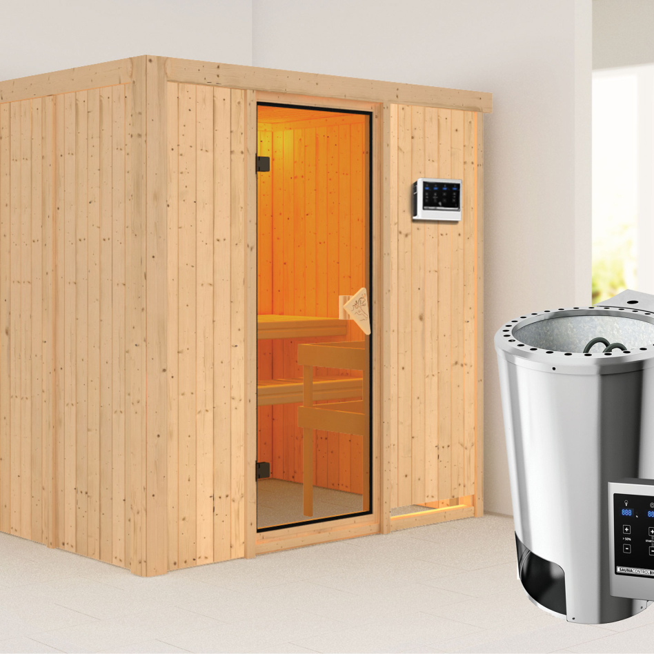Karibu Sauna Fanja, Easy Bio 3,6 kW Ofen, bronzé,Porte tout verre,sans corniche