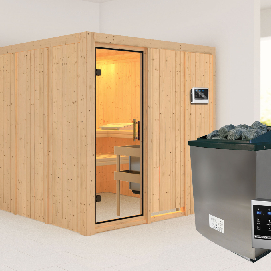 Karibu Sauna Rodin, 9 kW cmd ext. Easy Finnisch, Porte tout verre,sans corniche,vitrage claire