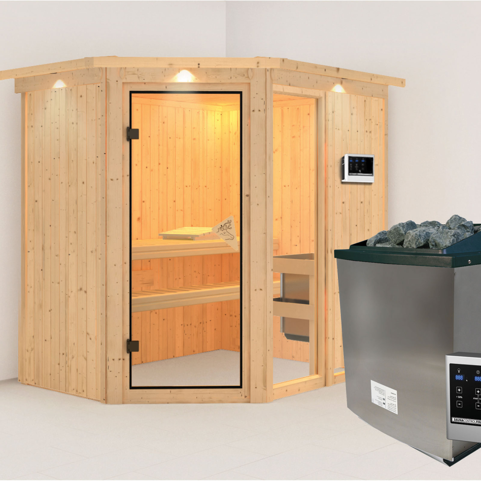 Karibu Sauna Fiona 1, 9 kW cmd ext. Easy Finnisch, avec costière de toiture
