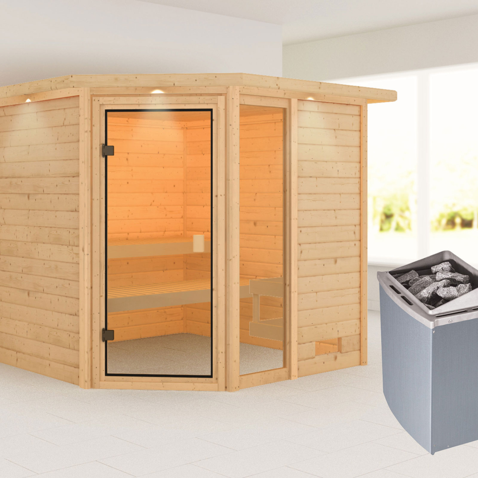 Sauna Karibu Woodfeeling Tabea, 9 kW cmd intégrée, avec costière de toiture