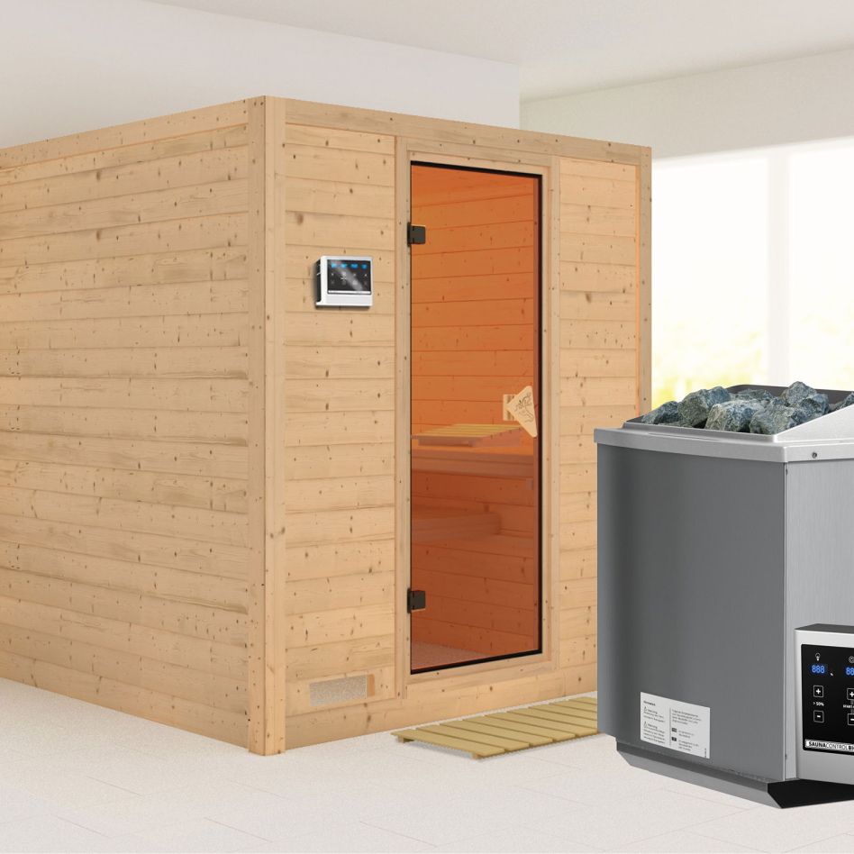 Karibu Sauna Mojave, 9 kW cmd ext. Easy Bio, bronzé,Porte tout verre,sans corniche
