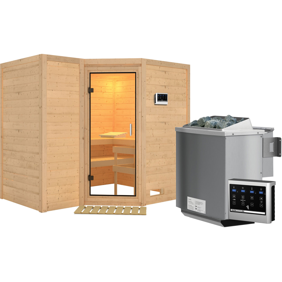 Karibu Sauna Sahib 2, 9 kW cmd ext. Easy Bio, Porte tout verre,sans corniche,vitrage claire