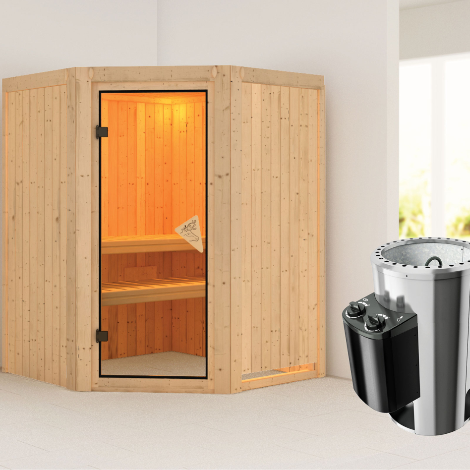 Karibu Sauna Nanja, 3,6 kW Ofen, Plug&Play int. Steuerung, bronzé,Porte tout verre,sans corniche
