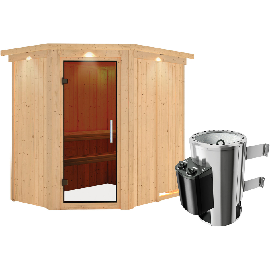 Sauna Karibu Saja, 3,6 kW Ofen, Plug&Play int. Steuerung, avec costière de toiture,graphit,Porte tout verre
