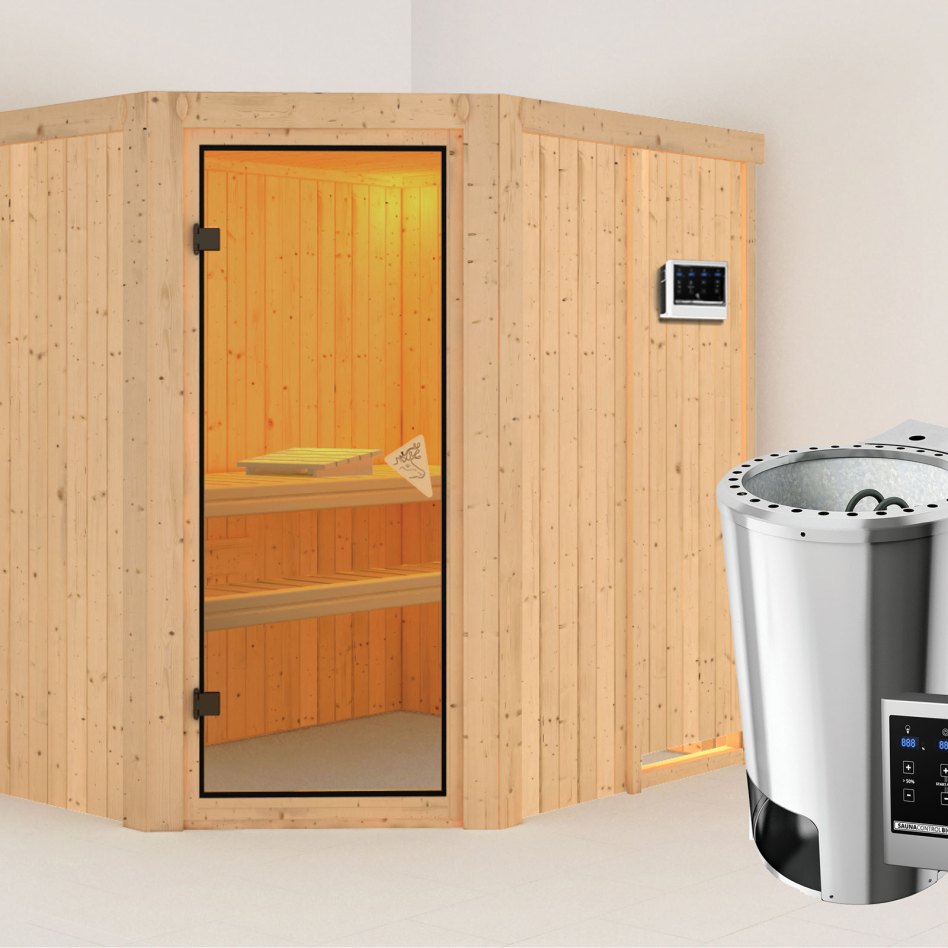 Sauna Karibu Saja, Easy Bio 3,6 kW Ofen, bronzé,Porte tout verre,sans corniche