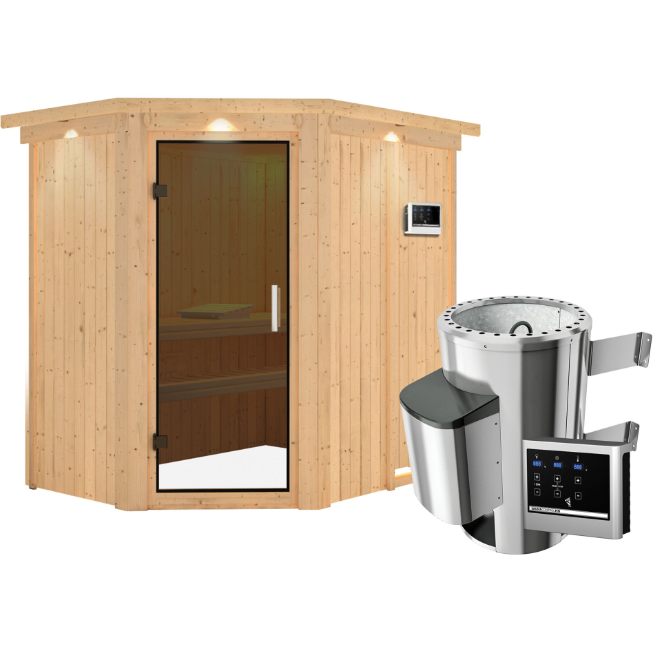 Sauna Karibu Saja, Easy Finnisch 3,6 kW Ofen, avec costière de toiture,graphit,Porte tout verre