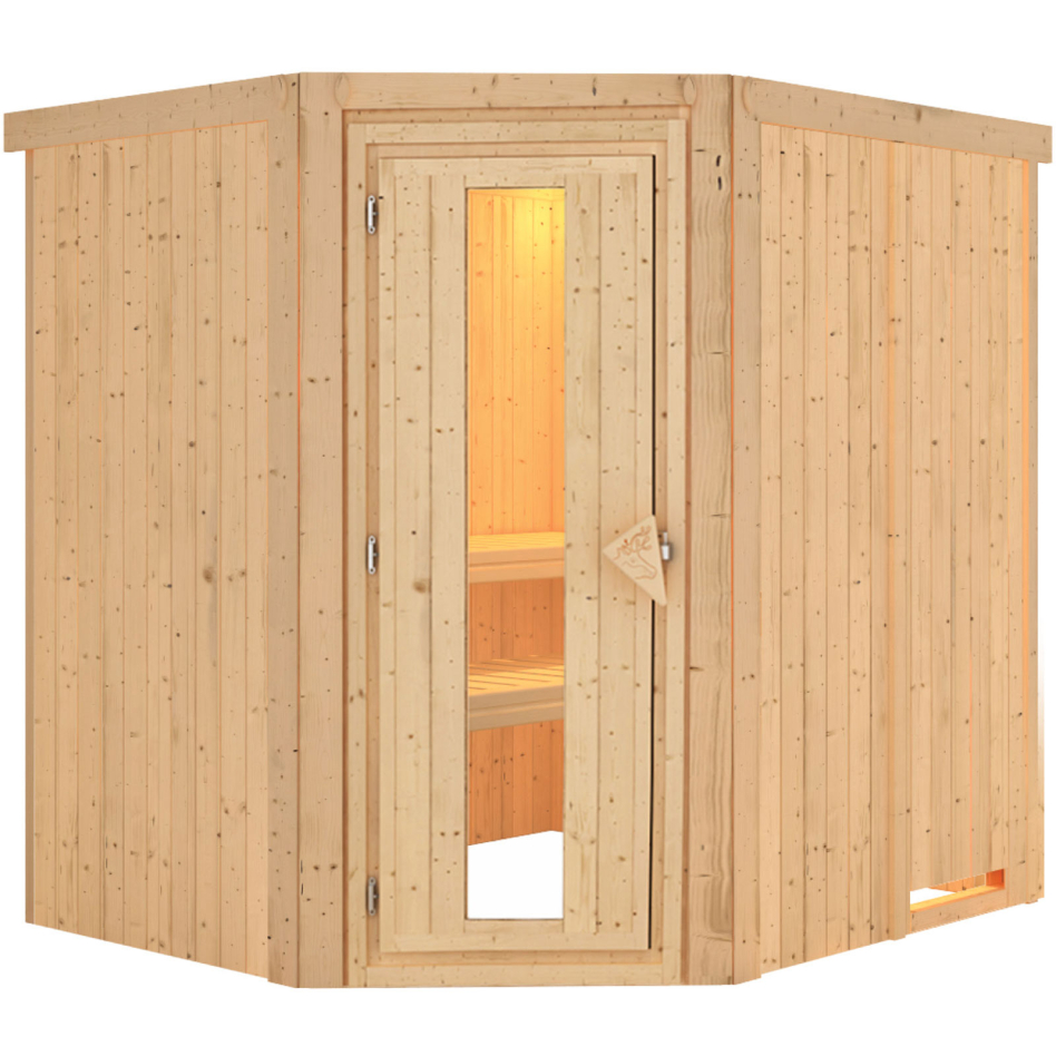 Sauna Karibu Lilja, sans poêle, Porte en bois avec vitrage isolant,sans corniche,vitrage claire