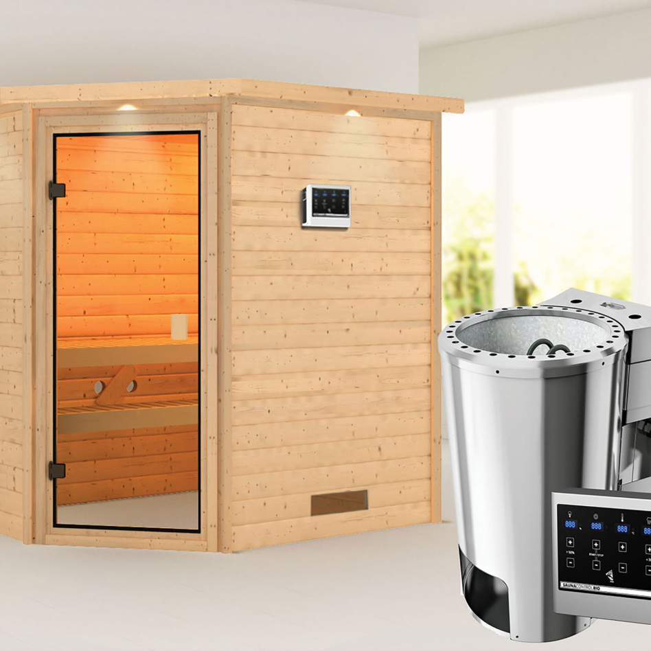 Sauna Karibu Woodfeeling Jella, Easy Bio 3,6 kW Ofen, avec costière de toiture